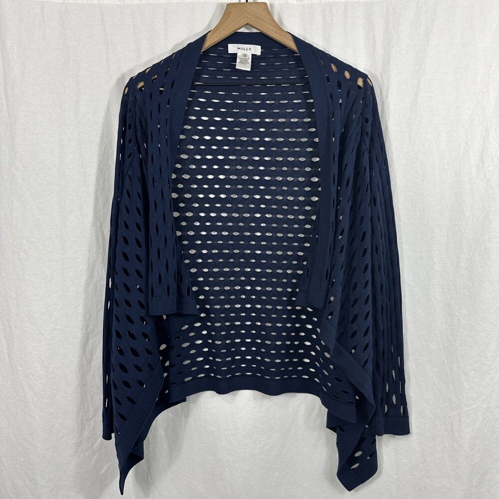 Milly Cotton Silk Blend Navy Blue Cutout Sheer Drape Coastal Cardigan Womens S